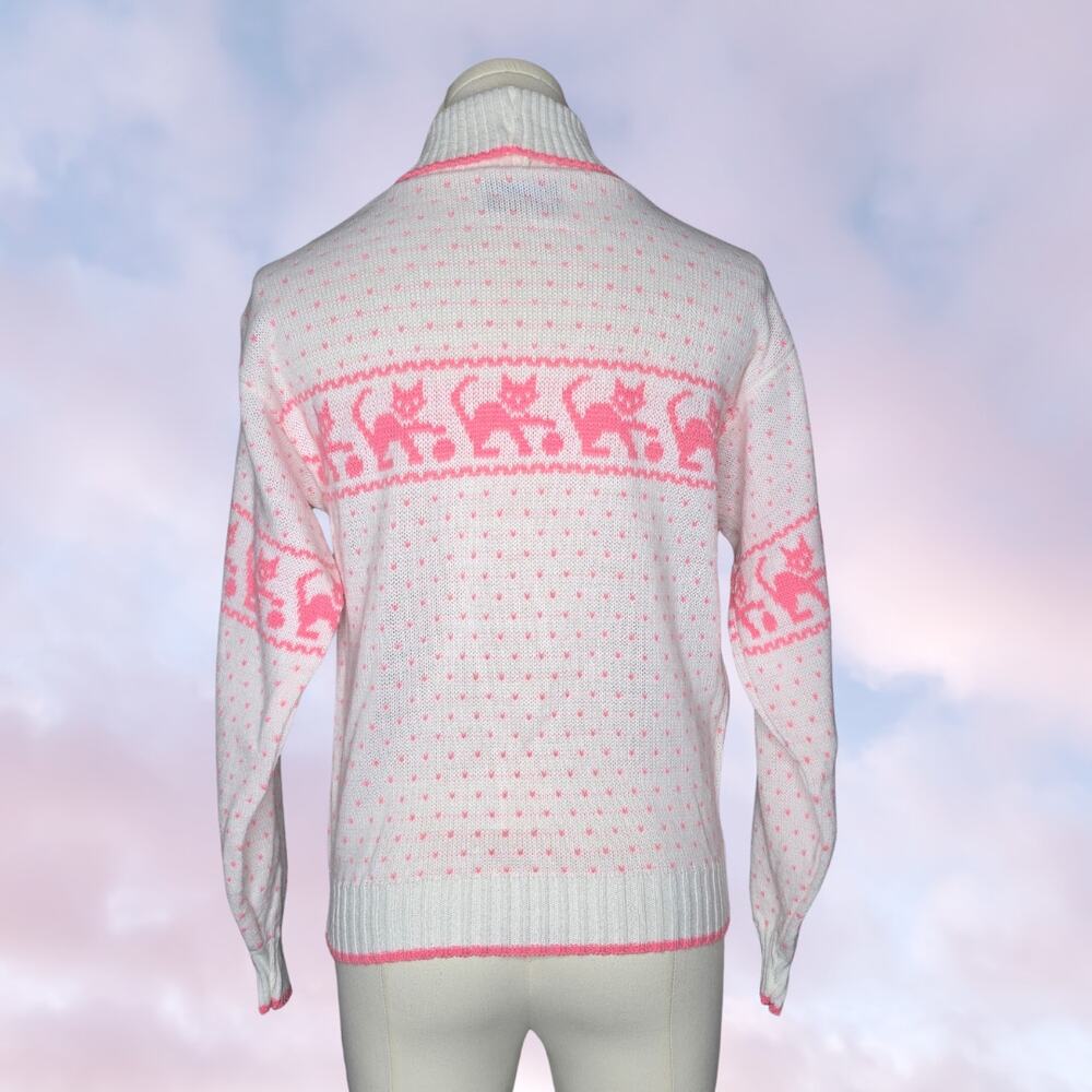 Vintage 80s White with Hot Pink Kitty Cat Knit Pastel Goth Sweater Pullover Tops - Picture 3 of 5